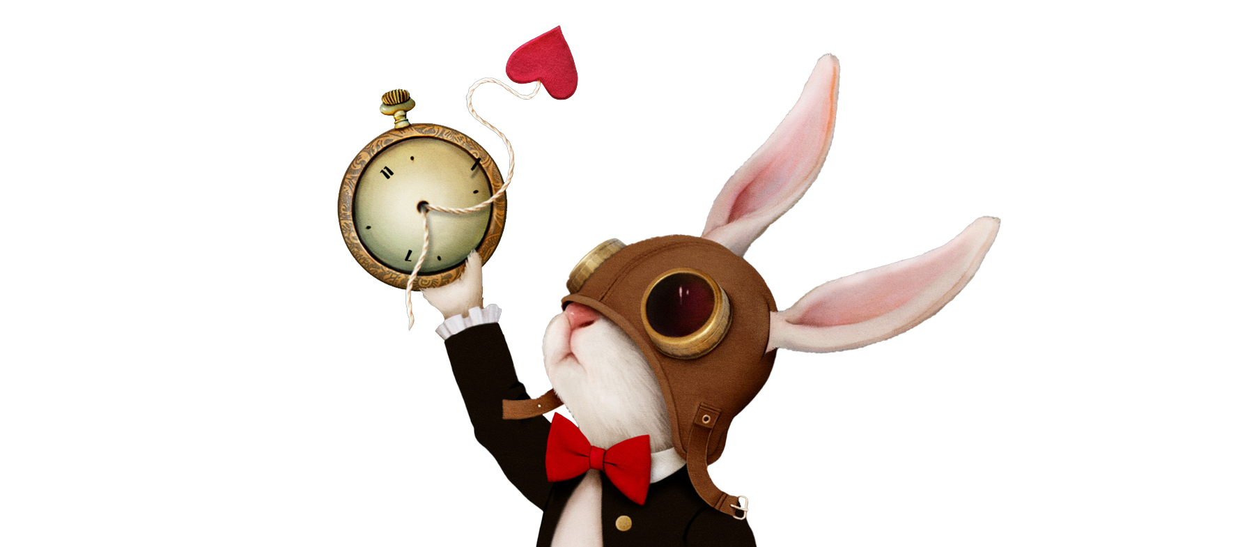 Weisser Hase hält eine Uhr in der Hand